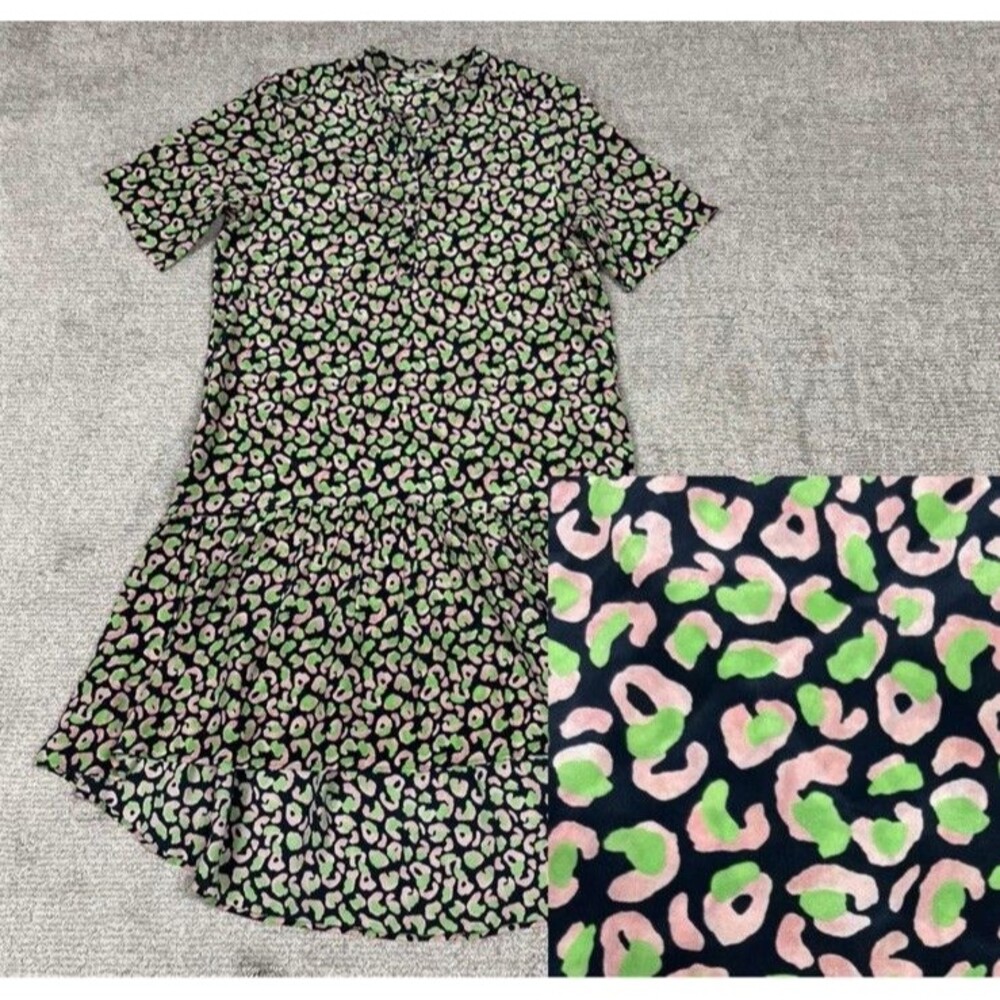 Tucker Dress Womens Medium 100% Silk Pink Green Navy Spring Easter Midi Pockets